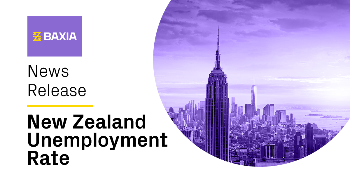 Baxia news release for New Zealand Unemployment Rate next to financial institutional buildings. 