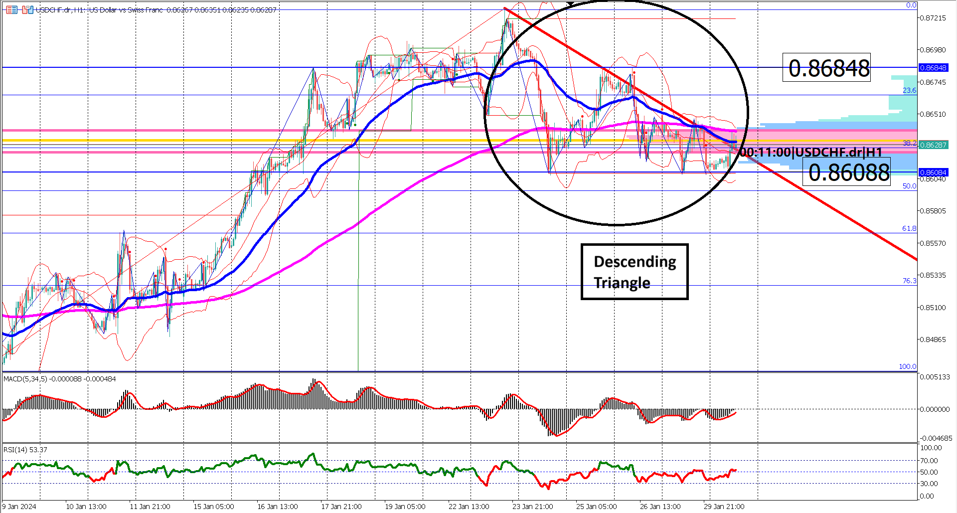 USDCHF Navigates Choppy Waters: Descending Triangle Unleashes Uncertainty!