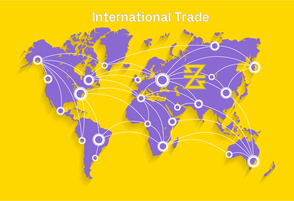 world map and baxia symbol showing points of travel or transactions between countries with the words 'international trade' at the top.